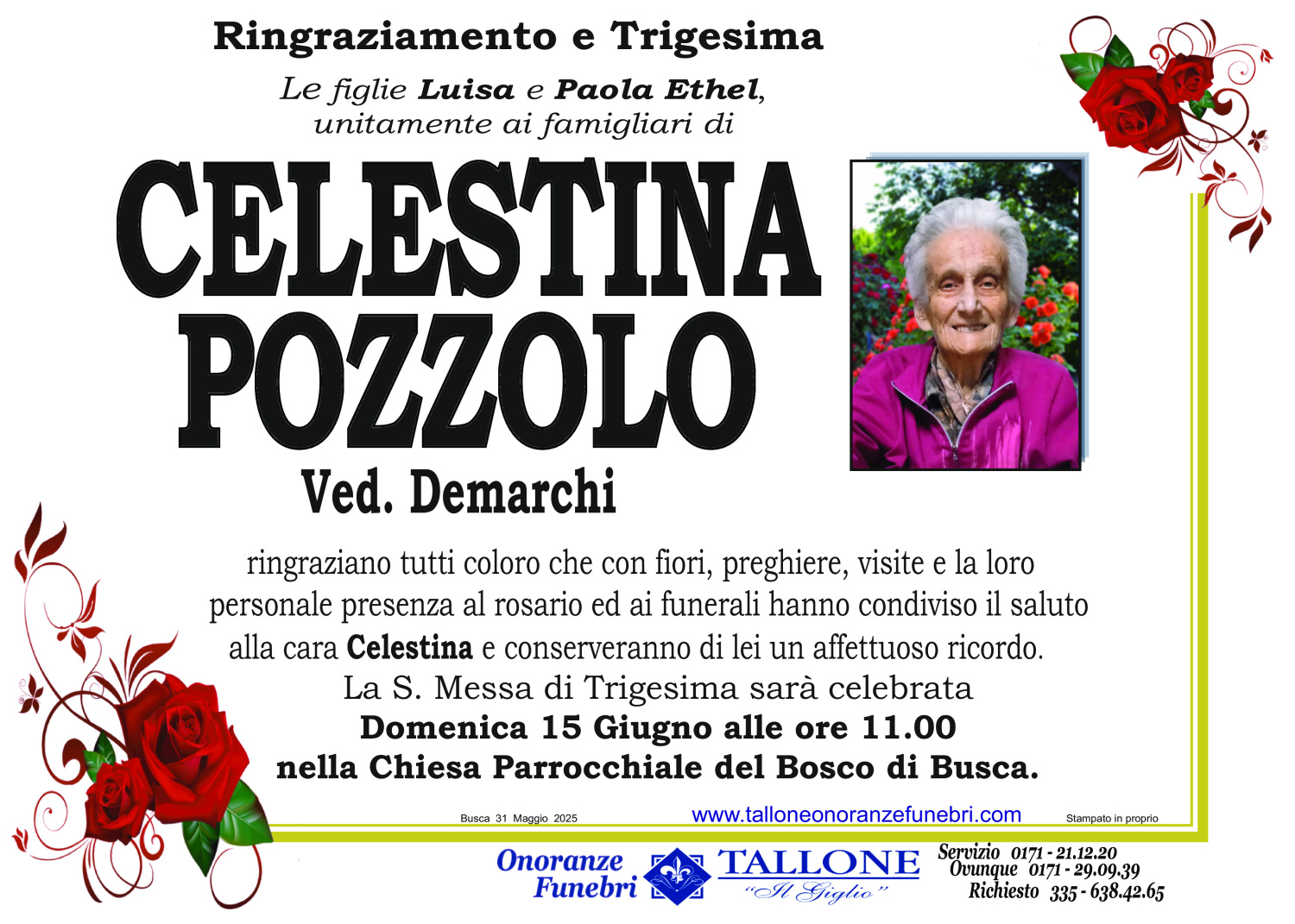 <br />
<b>Warning</b>:  Undefined variable $info in <b>/home/tallone/public_html/ringraziamenti.php</b> on line <b>68</b><br />
Celestina Pozzolo